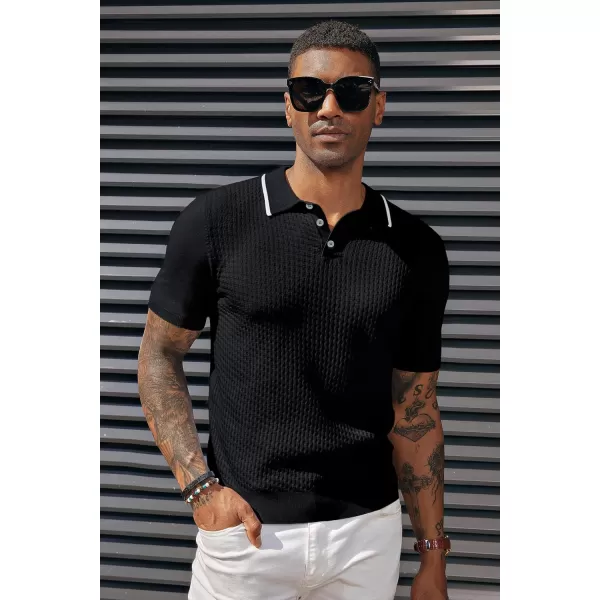 PJ PAUL JONES Men's Short Sleeve Knit Polo Shirts Waffle Texture Knit Shirt