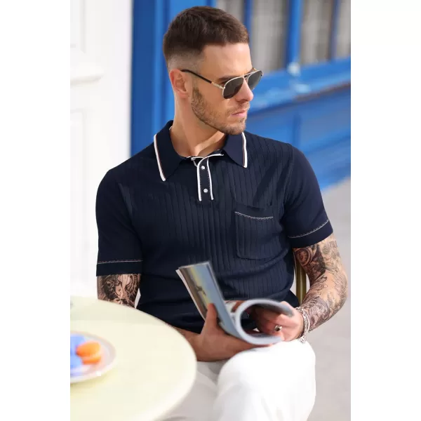 PJ PAUL JONES Men's Short Sleeve Knitted Polo Shirts Vintage Button-Up Summer Polo Shirt
