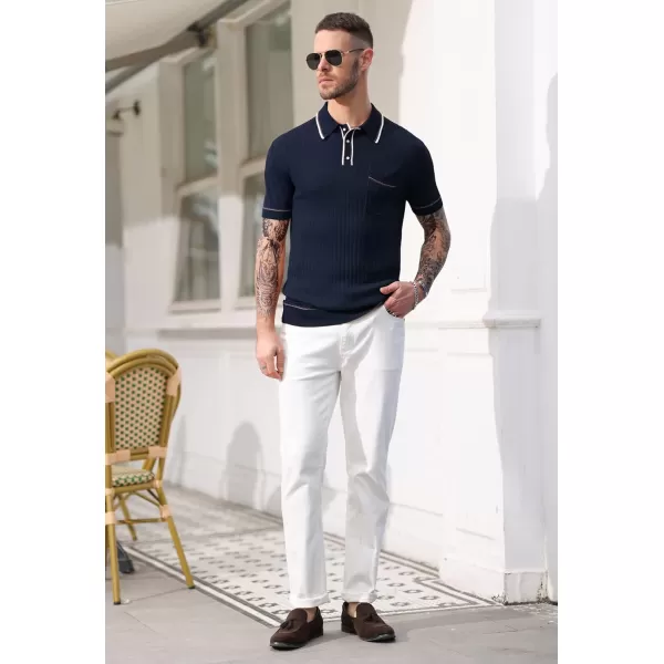 PJ PAUL JONES Men's Short Sleeve Knitted Polo Shirts Vintage Button-Up Summer Polo Shirt