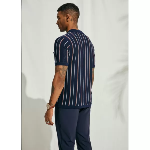 PJ PAUL JONES Mens Stripe Polo Shirt Vintage Lapel Collar Knit Shirt Casual Short Sleeve Button Down Shirt
