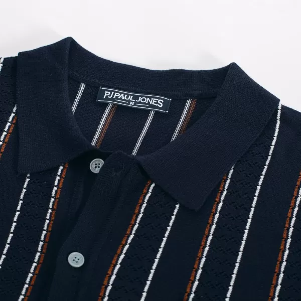 PJ PAUL JONES Mens Stripe Polo Shirt Vintage Lapel Collar Knit Shirt Casual Short Sleeve Button Down Shirt