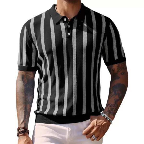 PJ PAUL JONES Men's Knit Polo Shirts Short Sleeve Vintage Striped Shirts Retro Polo Shirt