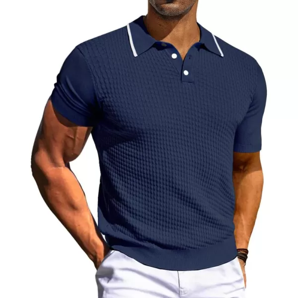 PJ PAUL JONES Men's Short Sleeve Knit Polo Shirts Waffle Texture Knit Shirt