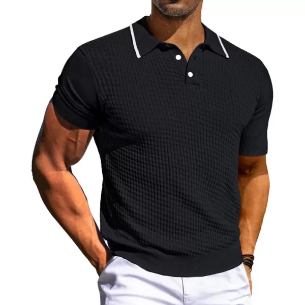 PJ PAUL JONES Men's Short Sleeve Knit Polo Shirts Waffle Texture Knit Shirt