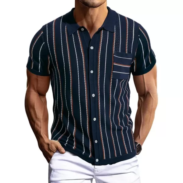 PJ PAUL JONES Mens Stripe Polo Shirt Vintage Lapel Collar Knit Shirt Casual Short Sleeve Button Down Shirt