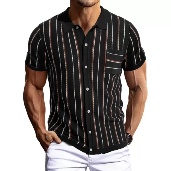 PJ PAUL JONES Mens Stripe Polo Shirt Vintage Lapel Collar Knit Shirt Casual Short Sleeve Button Down Shirt