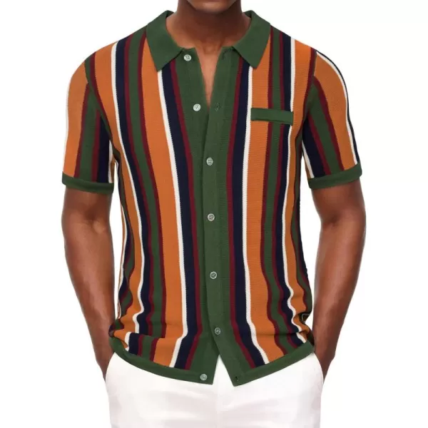 Men’s Short Sleeve Knit Shirt Vintage Stripe Lapel Collar Polo Shirt