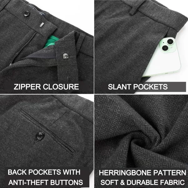 PJ PAUL JONES Mens Business Herringbone Pants Retro Knit Suit Pants Stretchy Regular Fit Flat Front Tapered Trousers with Pockets M, Black + Dark Grey