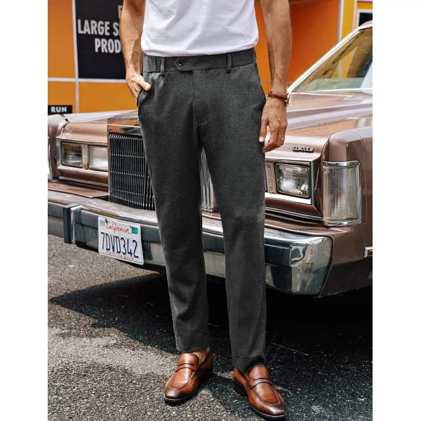 PJ PAUL JONES Mens Business Herringbone Pants Retro Knit Suit Pants Stretchy Regular Fit Flat Front Tapered Trousers with Pockets M, Black + Dark Grey