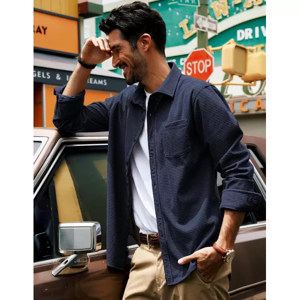 PJ PAUL JONES Men's Button Down Shirt Texture Wrinkle Free Shirts Long Sleeve Waffle Untucked Shirt