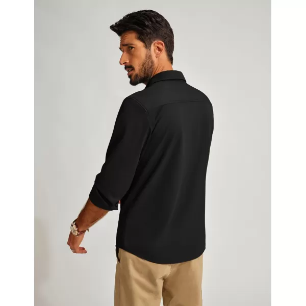PJ PAUL JONES Casual Shirts for Men Texture Wrinkle Free Shirt Black Button up Shirt with Pockets