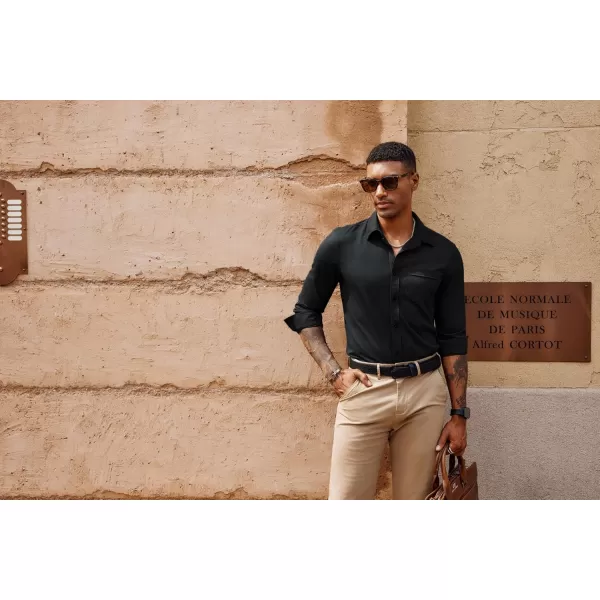 PJ PAUL JONES Casual Shirts for Men Texture Wrinkle Free Shirt Black Button up Shirt with Pockets