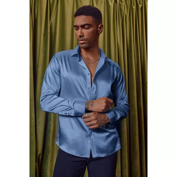 PJ PAUL JONES Men's Shiny Satin Dress Shirts Long Sleeve Button Down Silk Shirt with Bow Tie