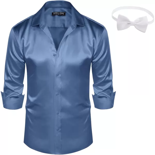 PJ PAUL JONES Men's Shiny Satin Dress Shirts Long Sleeve Button Down Silk Shirt with Bow Tie