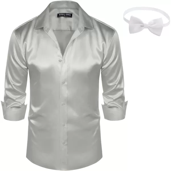 PJ PAUL JONES Men's Shiny Satin Dress Shirts Long Sleeve Button Down Silk Shirt with Bow Tie