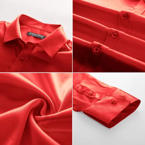 PJ PAUL JONES Men's Shiny Satin Dress Shirts Long Sleeve Button Down Silk Shirt with Bow Tie