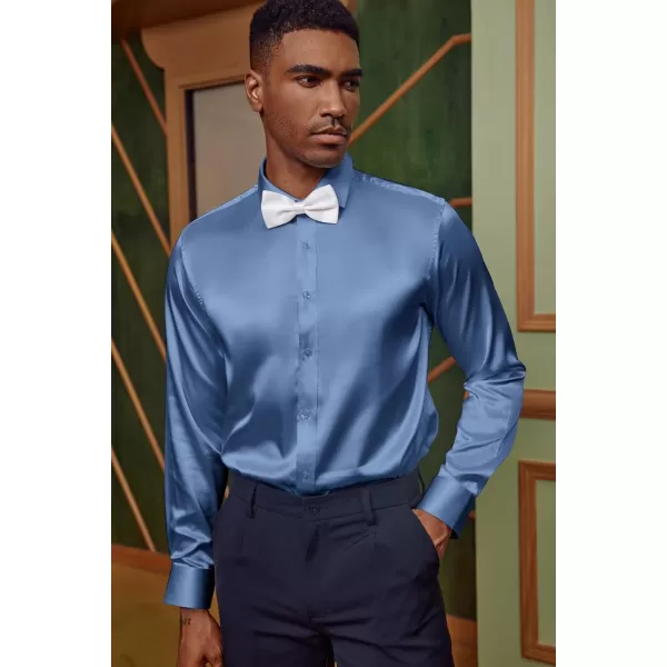PJ PAUL JONES Men's Shiny Satin Dress Shirts Long Sleeve Button Down Silk Shirt with Bow Tie
