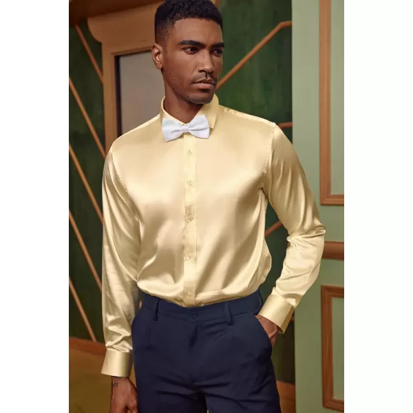 PJ PAUL JONES Men's Shiny Satin Dress Shirts Long Sleeve Button Down Silk Shirt with Bow Tie