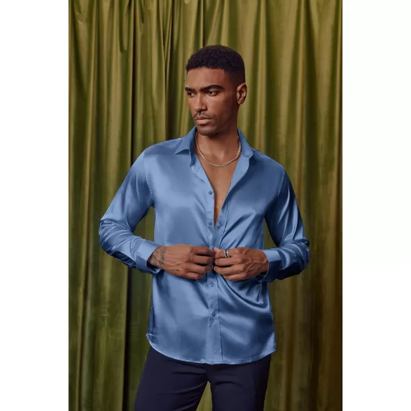 PJ PAUL JONES Men's Shiny Satin Dress Shirts Long Sleeve Button Down Silk Shirt with Bow Tie