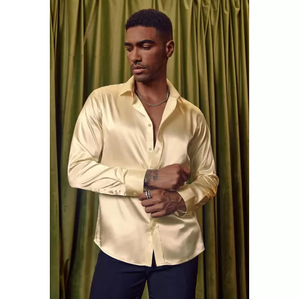 PJ PAUL JONES Men's Shiny Satin Dress Shirts Long Sleeve Button Down Silk Shirt with Bow Tie