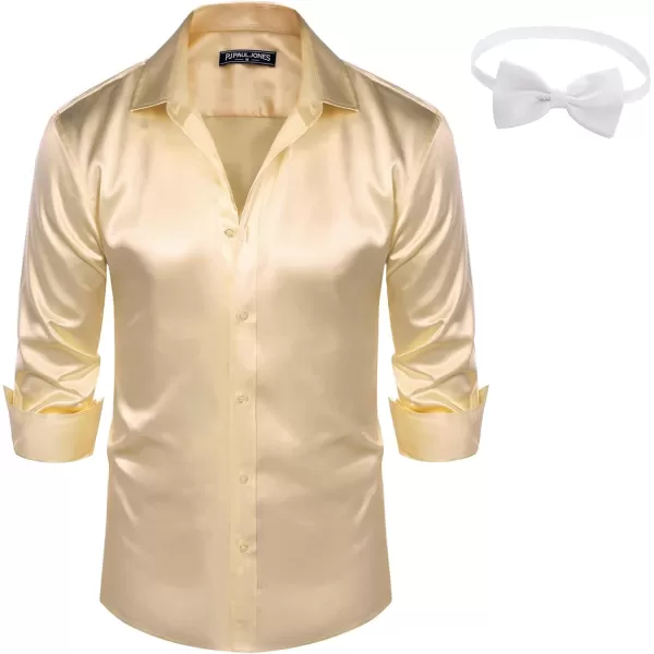 PJ PAUL JONES Men's Shiny Satin Dress Shirts Long Sleeve Button Down Silk Shirt with Bow Tie