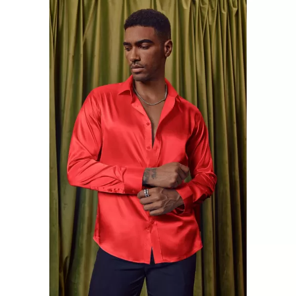 PJ PAUL JONES Men's Shiny Satin Dress Shirts Long Sleeve Button Down Silk Shirt with Bow Tie