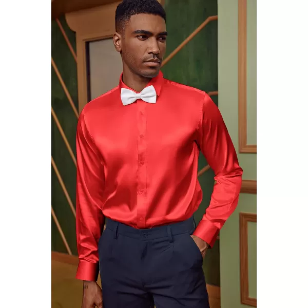 PJ PAUL JONES Men's Shiny Satin Dress Shirts Long Sleeve Button Down Silk Shirt with Bow Tie