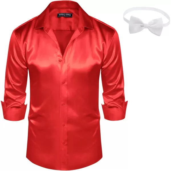PJ PAUL JONES Men's Shiny Satin Dress Shirts Long Sleeve Button Down Silk Shirt with Bow Tie