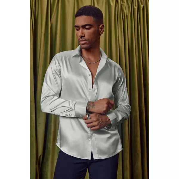 PJ PAUL JONES Men's Shiny Satin Dress Shirts Long Sleeve Button Down Silk Shirt with Bow Tie
