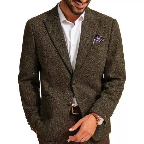 PJ PAUL JONES Mens Blazer Vintage Herringbone Tweed Blazer Two Button Wool Blend Sport Coat with Pocket Square