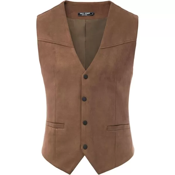 PJ PAUL JONES Mens Faux Suede Leathr Suit Vest Western Cowboy Dress Vests with Pockets