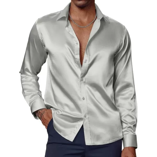 PJ PAUL JONES Men's Shiny Satin Dress Shirts Long Sleeve Button Down Silk Shirt with Bow Tie