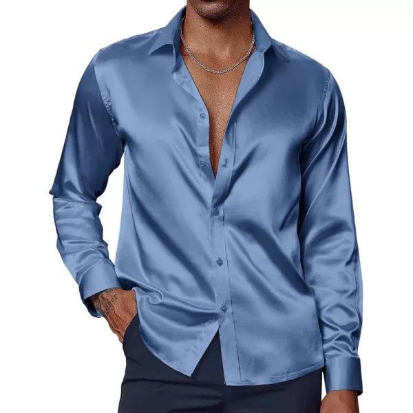PJ PAUL JONES Men's Shiny Satin Dress Shirts Long Sleeve Button Down Silk Shirt with Bow Tie