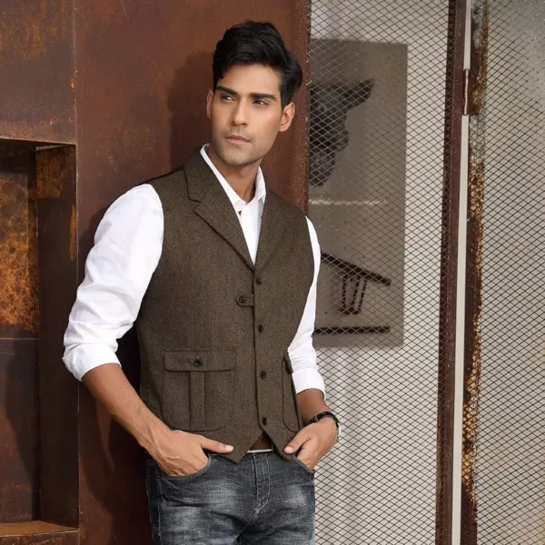 PJ PAUL JONES Mens Western Herringbone Suit Vest Tweed Wool Blend Slim Fit Waistcoat