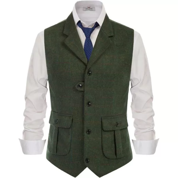 PJ PAUL JONES Mens Western Herringbone Suit Vest Tweed Wool Blend Slim Fit Waistcoat