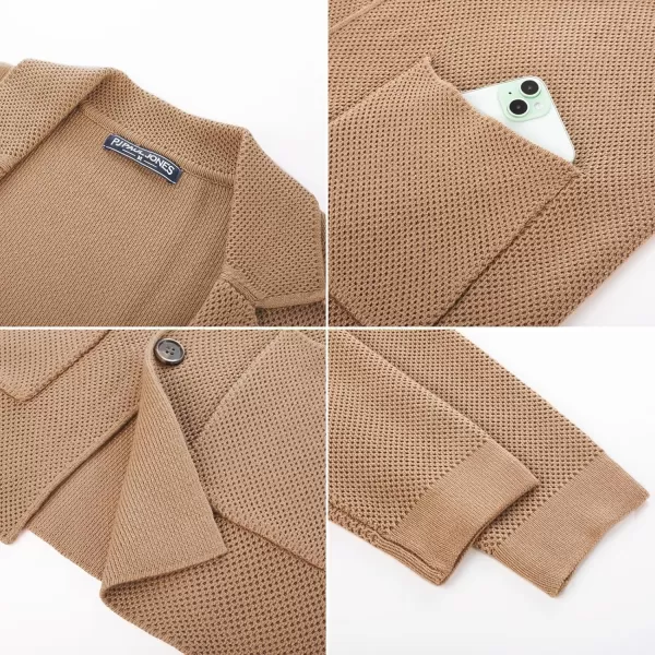 PJ PAUL JONES Men's Notch Collar Sweaters Slim Fit Button Down Cardigan Sweaters Notched Collar Textured Sweater Khaki L