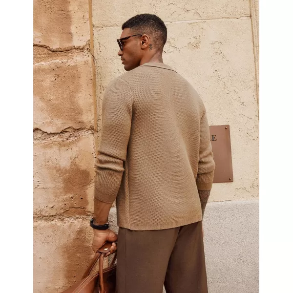 PJ PAUL JONES Men's Notch Collar Sweaters Slim Fit Button Down Cardigan Sweaters Notched Collar Textured Sweater Khaki L