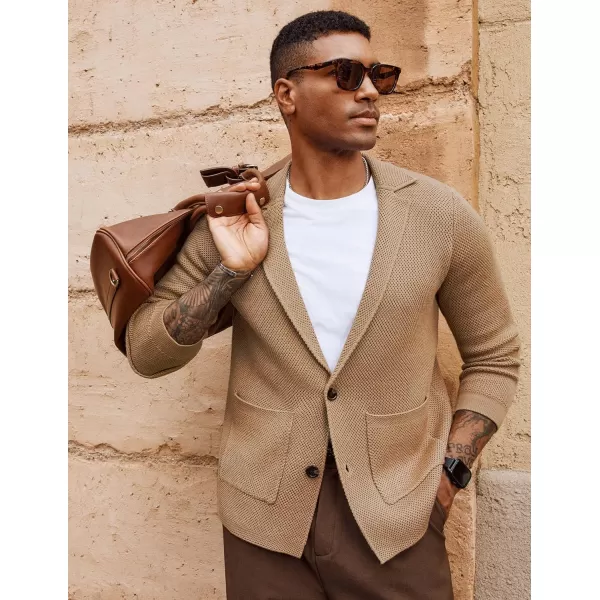 PJ PAUL JONES Men's Notch Collar Sweaters Slim Fit Button Down Cardigan Sweaters Notched Collar Textured Sweater Khaki L