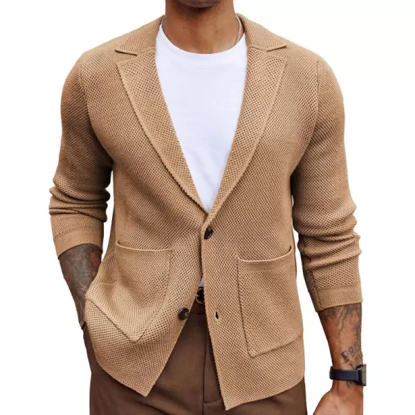 PJ PAUL JONES Men's Notch Collar Sweaters Slim Fit Button Down Cardigan Sweaters Notched Collar Textured Sweater Khaki L
