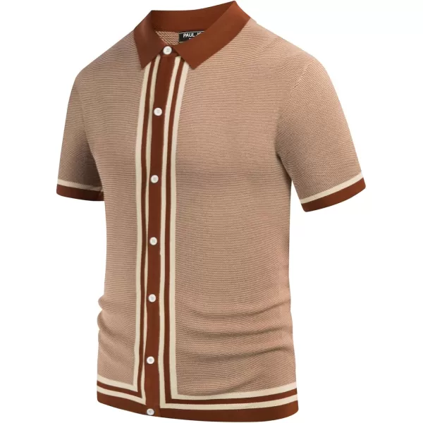 PJ PAUL JONES Men's Vintage Stripe Knit Polo Shirts Short Sleeve Stylish Button Down Cardigan Sweater