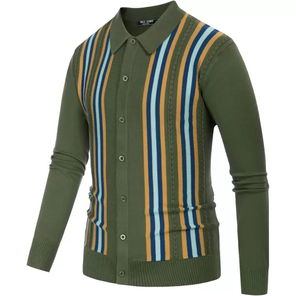 PJ PAUL JONES Mens Vintage Striped Knit Polo Shirt Long Sleeve Button Down Cardigan Sweater