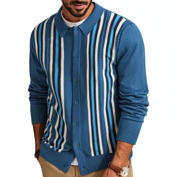 PJ PAUL JONES Mens Vintage Striped Knit Polo Shirt Long Sleeve Button Down Cardigan Sweater