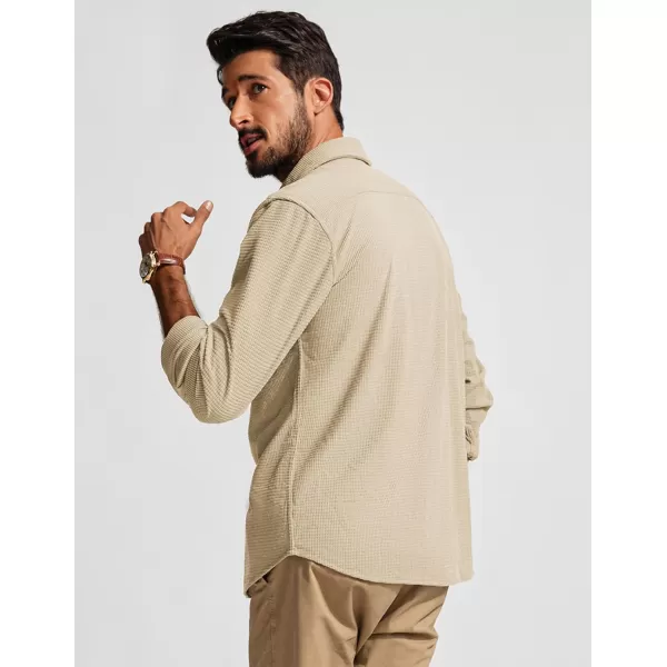 imagePJ PAUL JONES Mens Button Down Shirt Texture Wrinkle Free Shirts Long Sleeve Waffle Untucked ShirtApricot