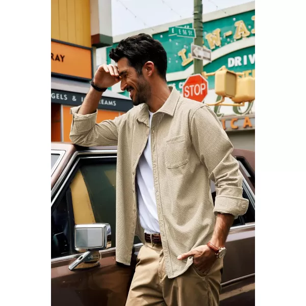 imagePJ PAUL JONES Mens Button Down Shirt Texture Wrinkle Free Shirts Long Sleeve Waffle Untucked ShirtApricot