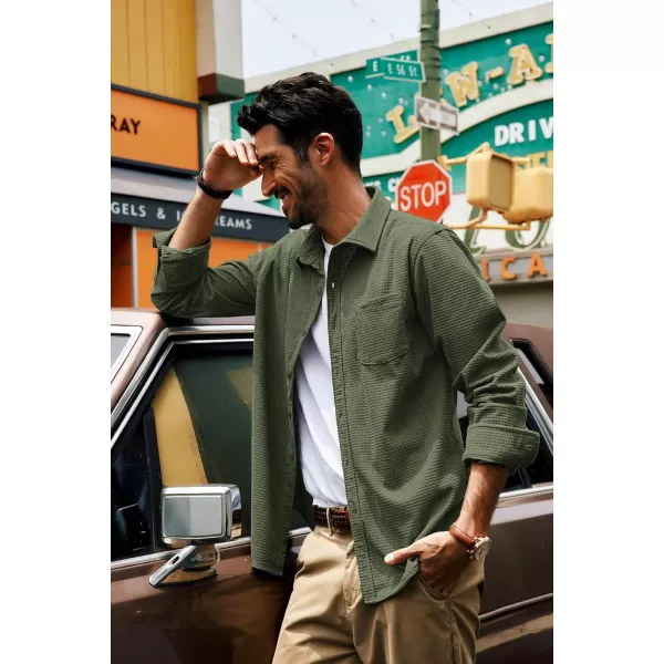 imagePJ PAUL JONES Mens Button Down Shirt Texture Wrinkle Free Shirts Long Sleeve Waffle Untucked ShirtArmy Green