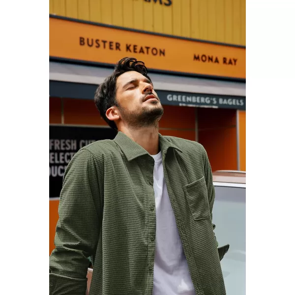 imagePJ PAUL JONES Mens Button Down Shirt Texture Wrinkle Free Shirts Long Sleeve Waffle Untucked ShirtArmy Green