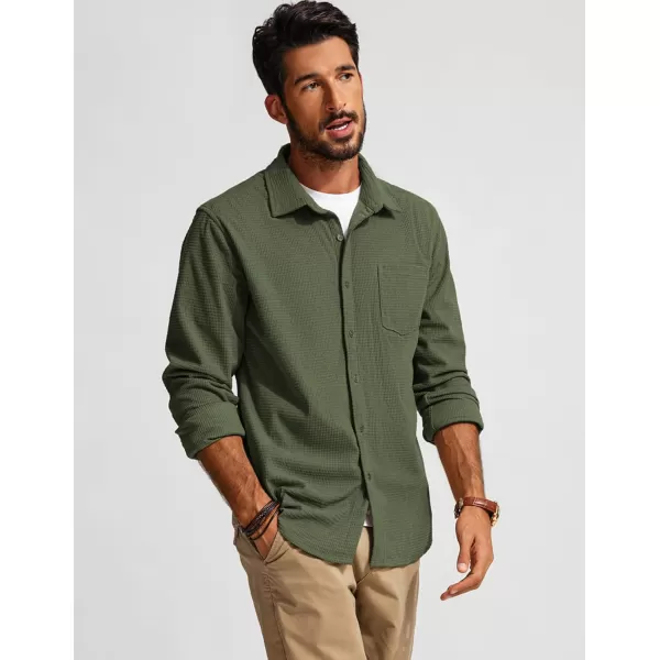 imagePJ PAUL JONES Mens Button Down Shirt Texture Wrinkle Free Shirts Long Sleeve Waffle Untucked ShirtArmy Green