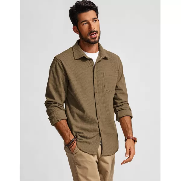imagePJ PAUL JONES Mens Button Down Shirt Texture Wrinkle Free Shirts Long Sleeve Waffle Untucked ShirtCamel