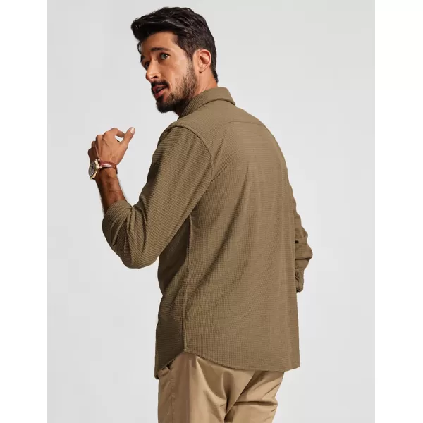 imagePJ PAUL JONES Mens Button Down Shirt Texture Wrinkle Free Shirts Long Sleeve Waffle Untucked ShirtCamel