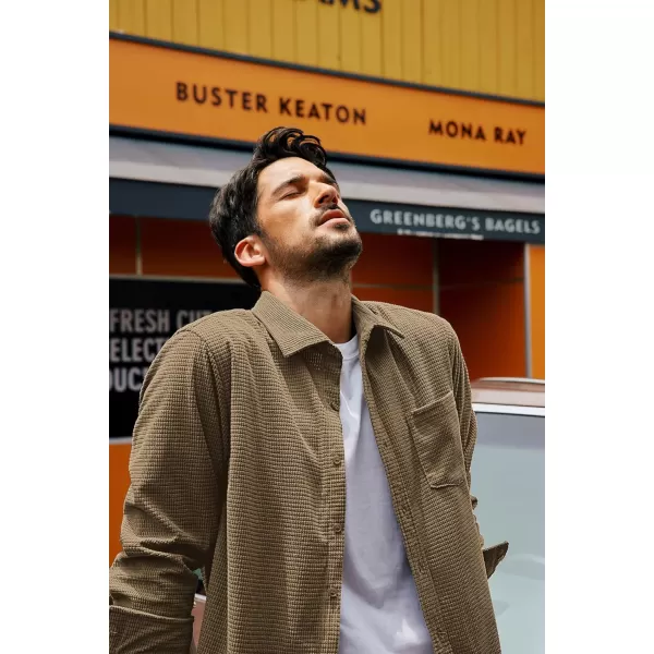 imagePJ PAUL JONES Mens Button Down Shirt Texture Wrinkle Free Shirts Long Sleeve Waffle Untucked ShirtCamel
